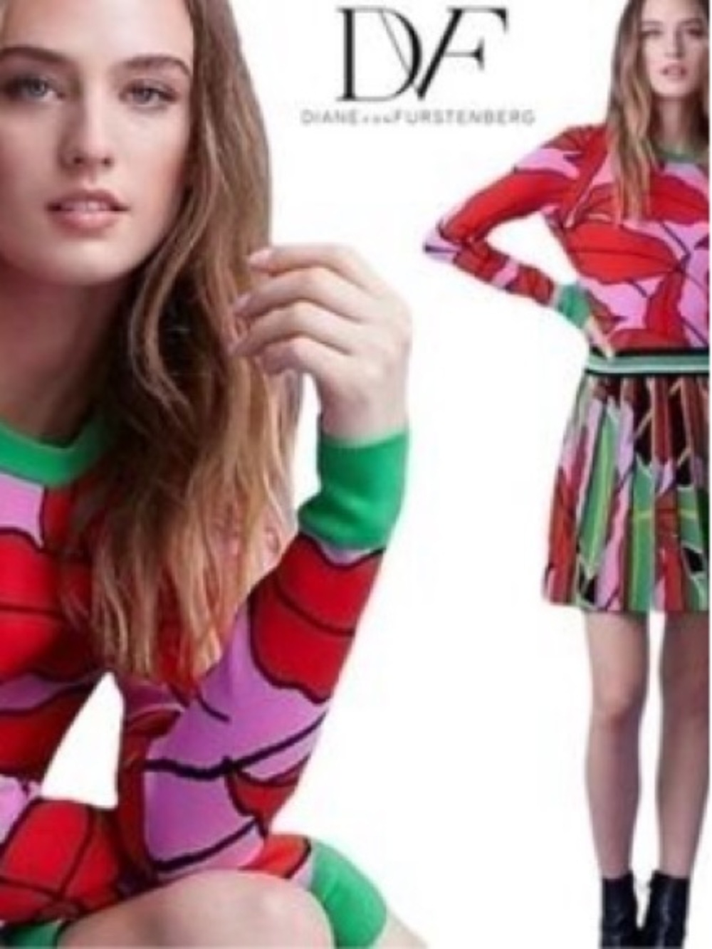 Diane Von Furstenberg Pink Red Floral Knit Sweater with Green Trim